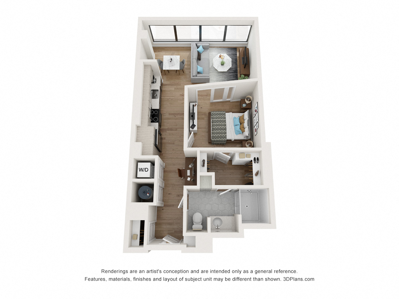 Floor plan for 1 bed, 1 bath, 694 sqft